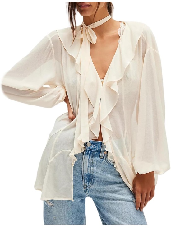 Tops - Chiffon Ruffle Tie-Neck Blouse in Cream